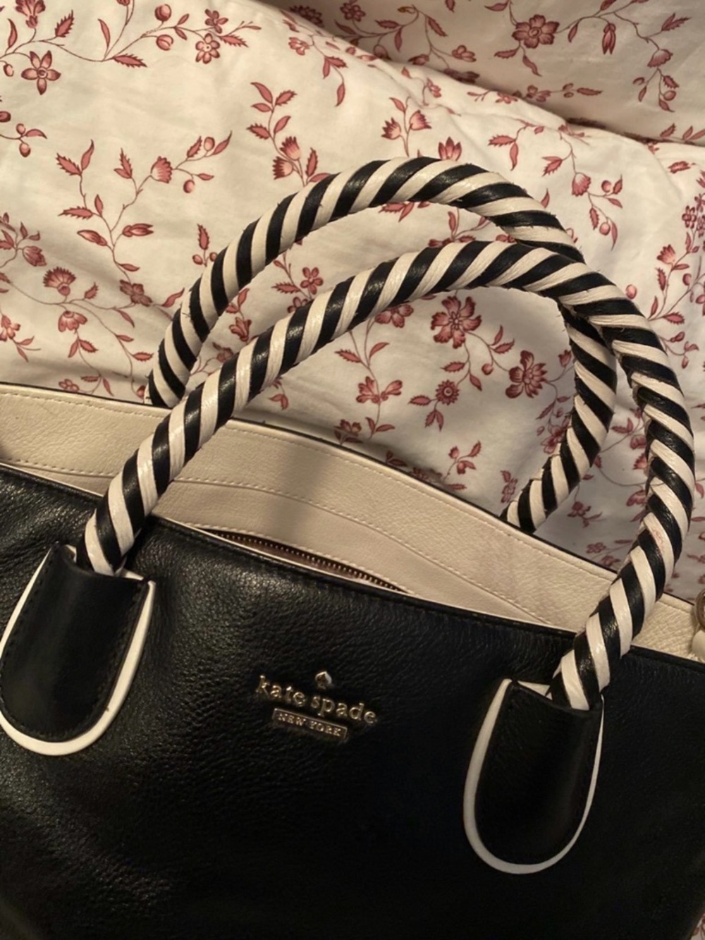 kate spade Black Leather Black-and-White Striped Handles, long strap as well as